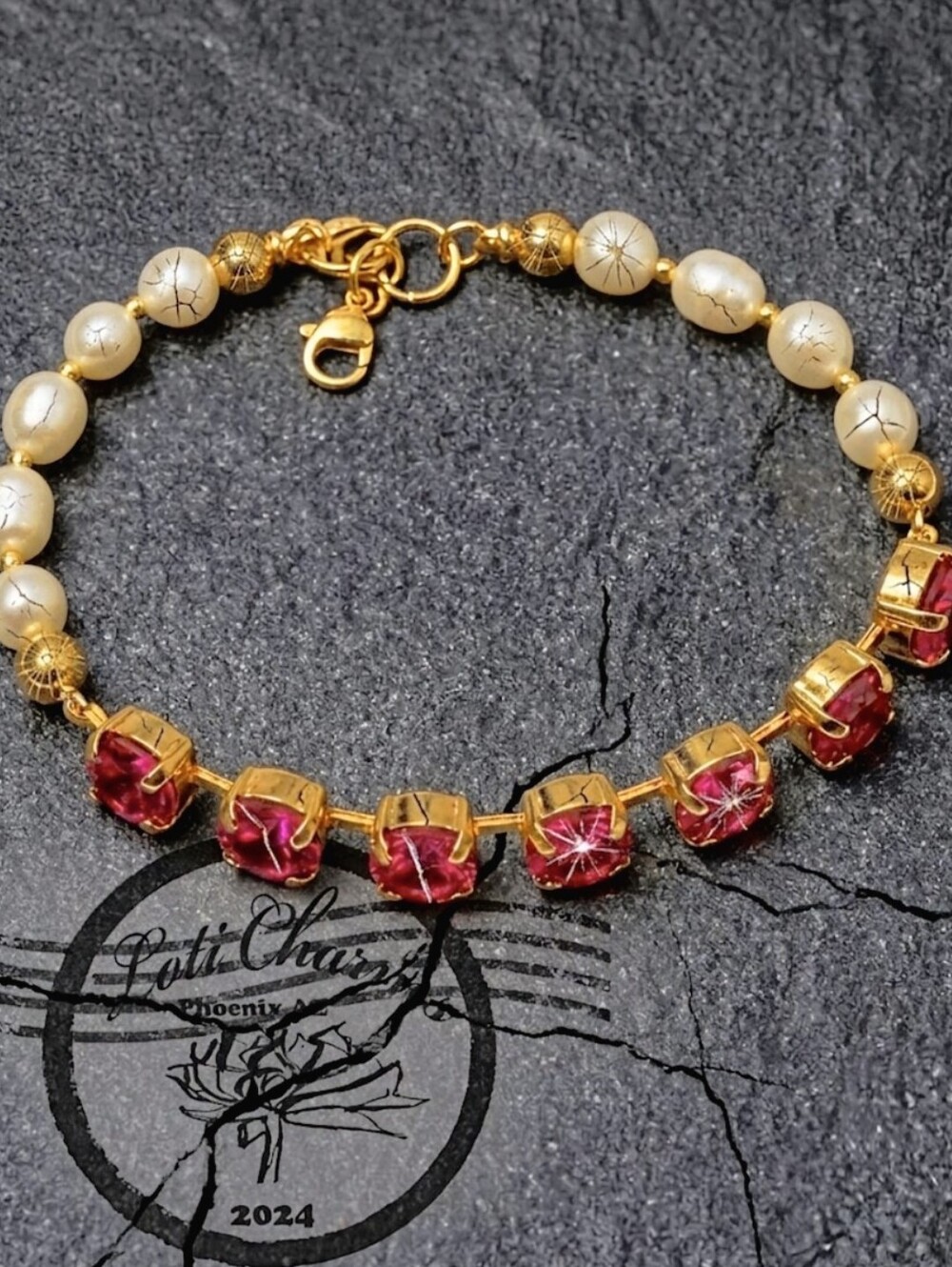 12 TW Carat Pink Sapphire Synthetic & Natural White Pearls In Trendy Bracelet